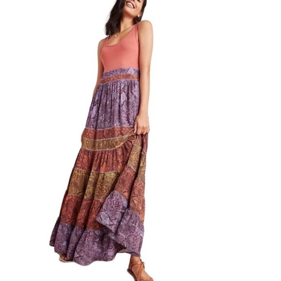 Anthropologie Colima Maxi Dress Tank Smocked Tiered Pullover Ruffle  Snakeskin - Picture 1 of 16